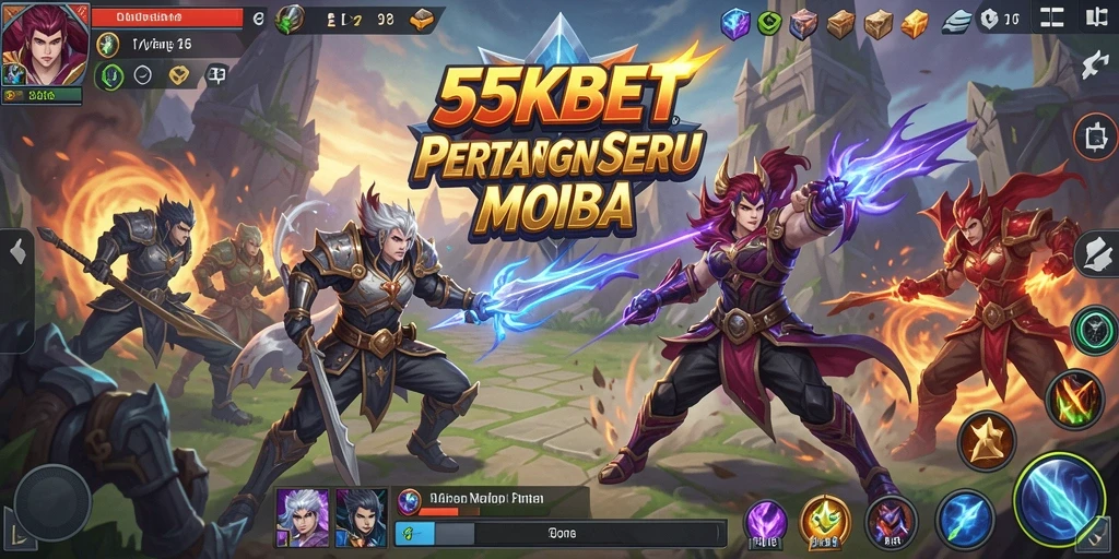 Screenshot 55KBET menampilkan pertarungan seru antar hero di arena MOBA.