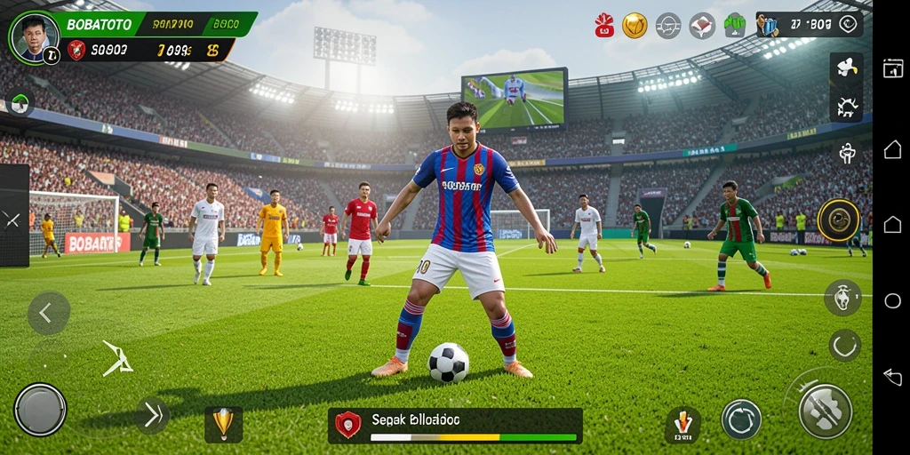 Tampilan gameplay intens dalam BOBATOTO yang menampilkan aksi sepak bola.
