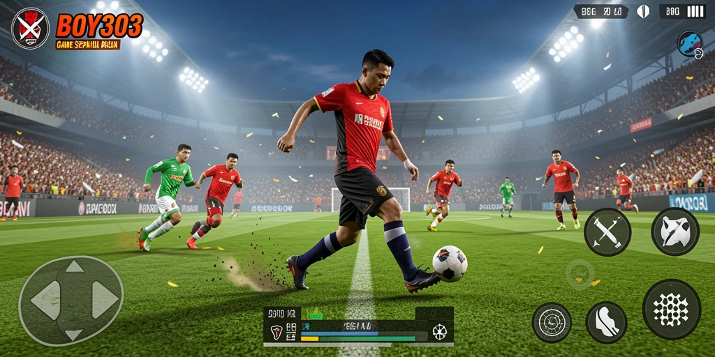 Tampilan gameplay mendebarkan dalam BOY303 dengan aksi sepak bola intens.