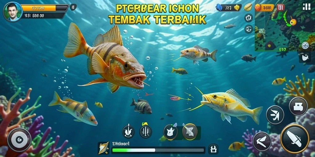 Tampilan gameplay seru dari F7F7 yang menampilkan aksi tembak ikan.