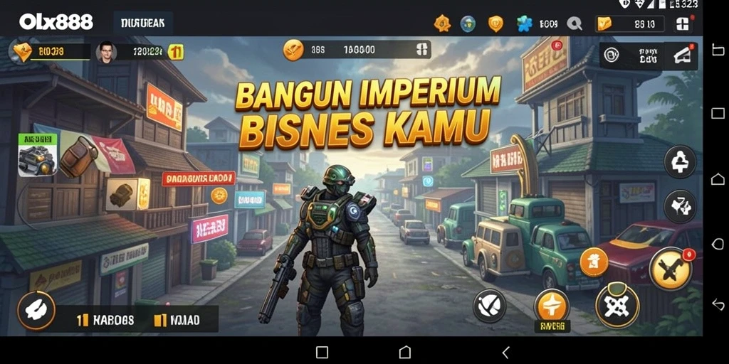 Tangkapan layar gameplay OLX888 menunjukkan aktivitas manajemen bisnis yang mendalam.