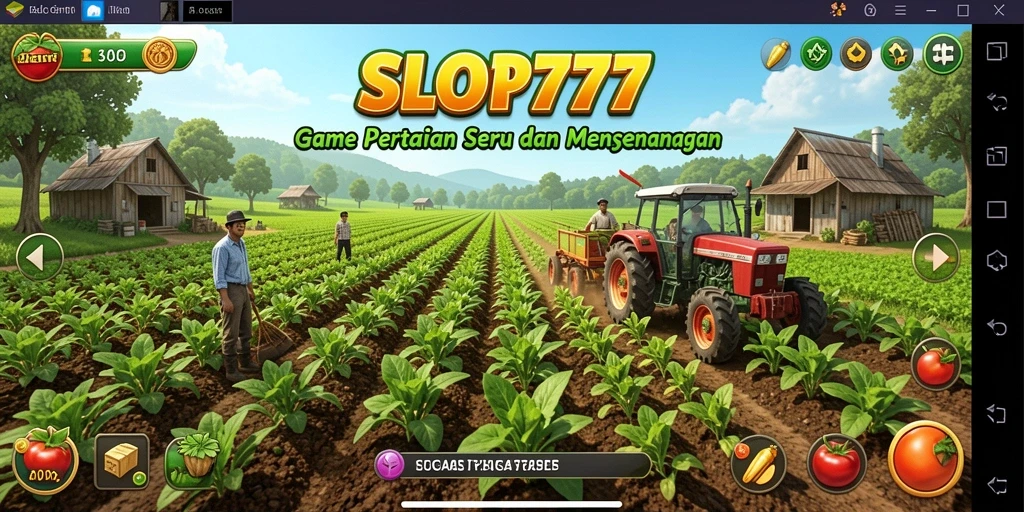 Tampilan gameplay SLOT777 yang menampilkan kebun yang indah dan hewan ternak.