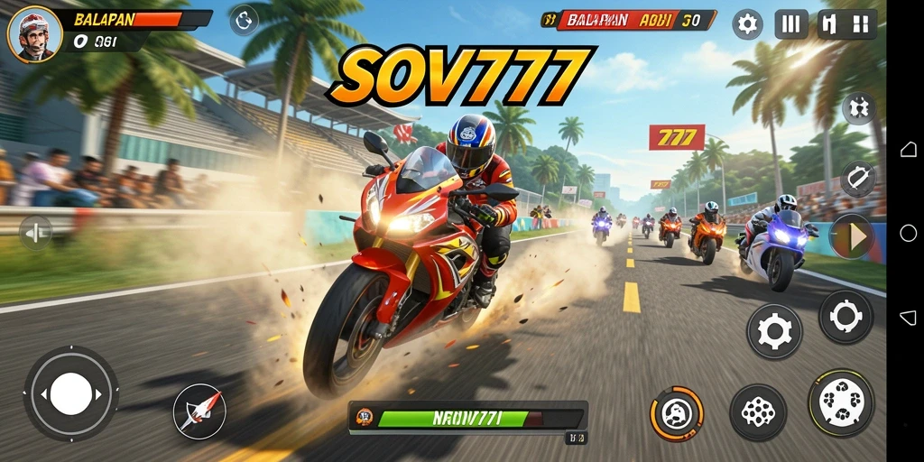 Screenshot gameplay SOV777 menunjukkan balapan motor yang seru dan mendebarkan.