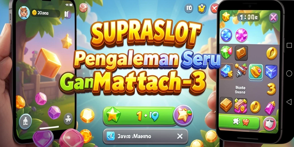 Screenshot utama SUPRASLOT menampilkan gameplay Match-3 yang berwarna dan seru.