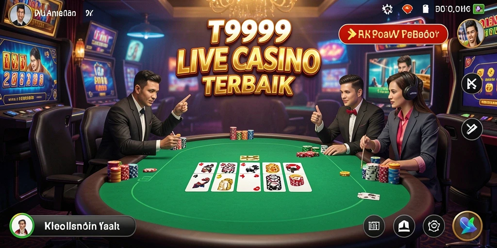 Screenshot gameplay T9999 yang menunjukkan dealer langsung dan suasana permainan kasino.
